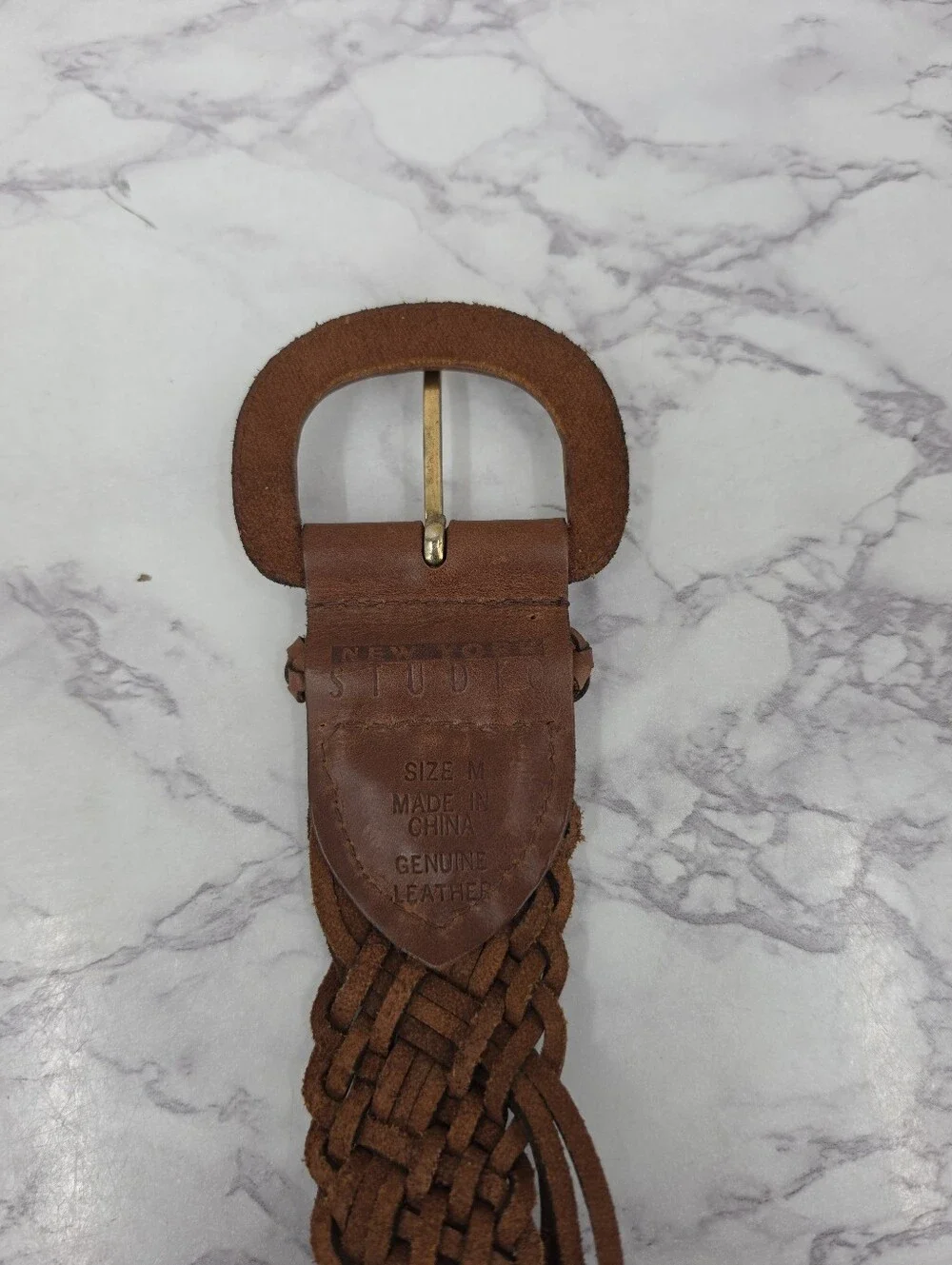 Vintage Y2K Wide Brown Leather Woven Braided Belt By New York Studio